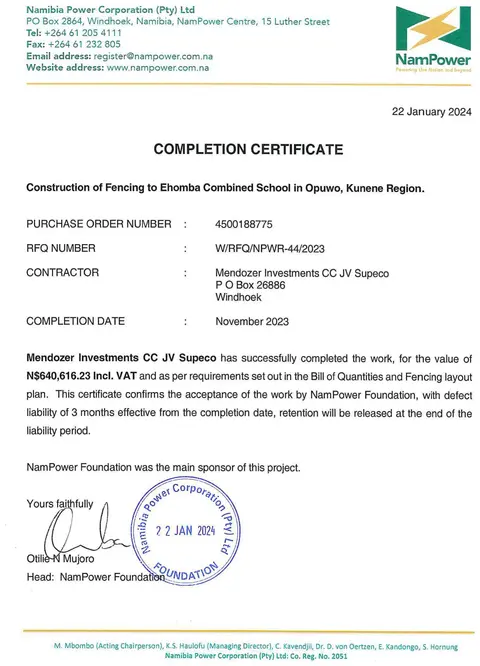 Completion certificate from NamPower