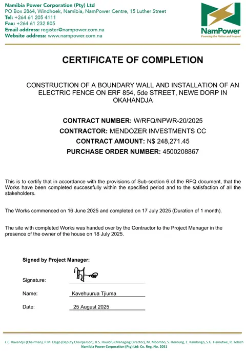Completion certificate from NamPower