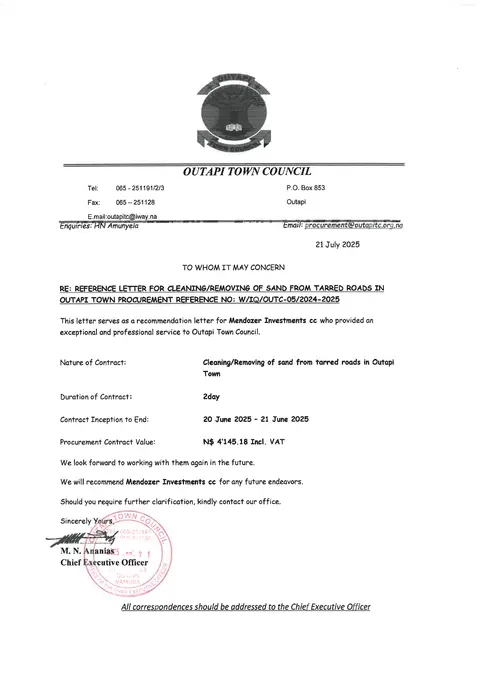 Reference letter from Outapi Town Council