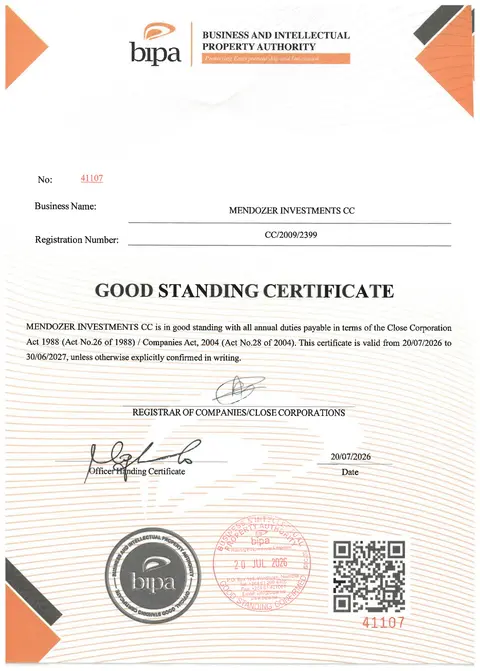 Company credential from Mendozer Investments CC