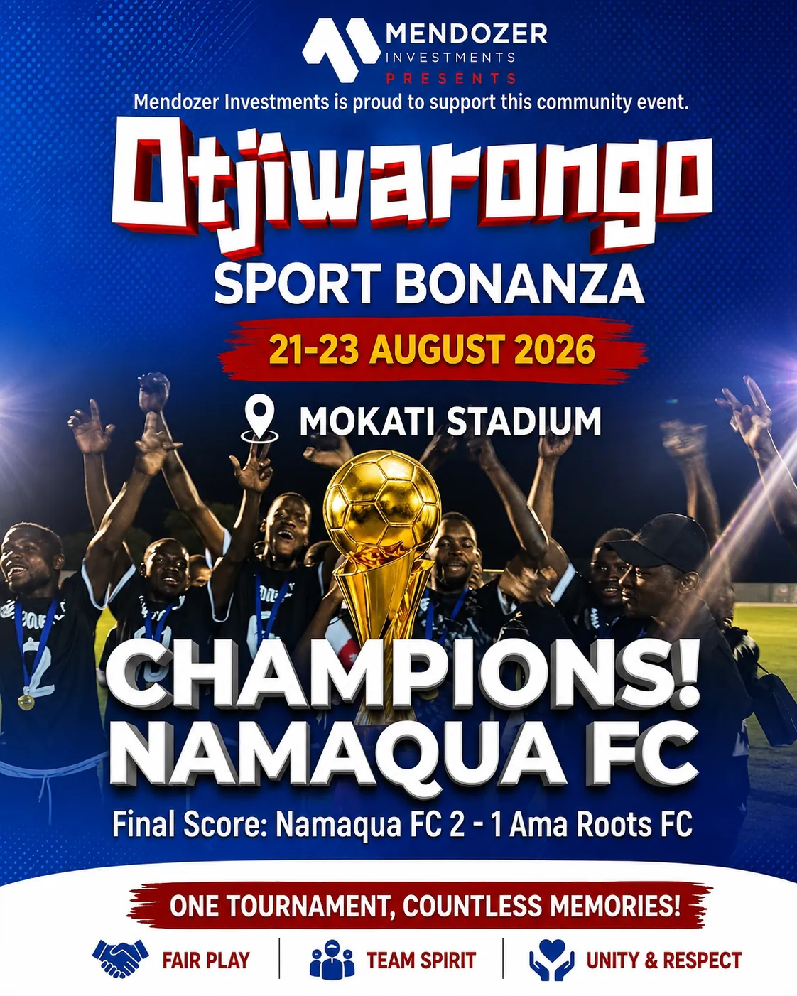 Otjiwarongo Sports Bonanza 2026 final result poster: Namaqua FC 2 to 1 Ama Roots FC