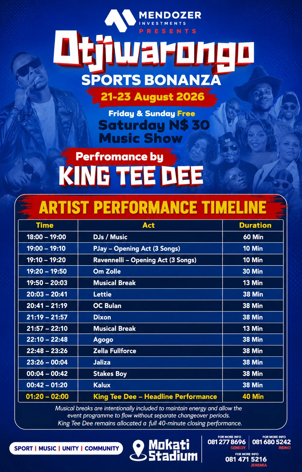 Saturday music show artist performance timeline headlined by King Tee Dee