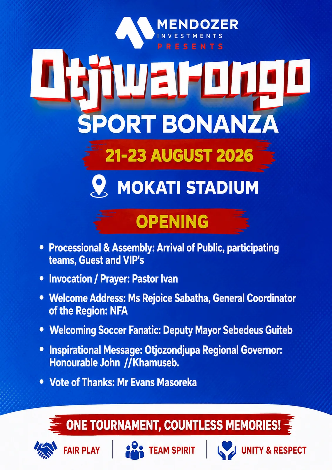 Opening programme poster for Otjiwarongo Sports Bonanza at Mokati Stadium