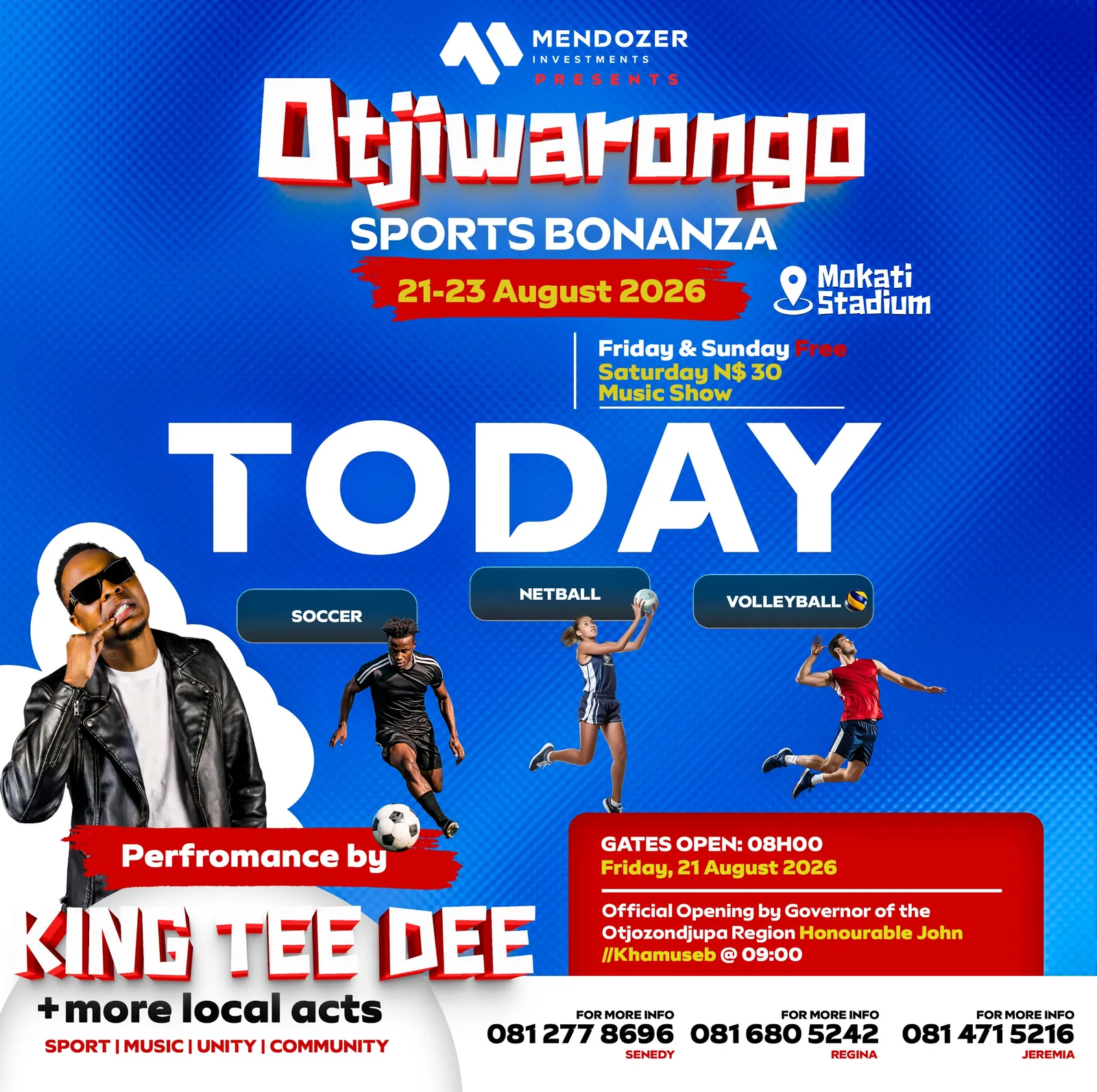 Today announcement poster: gates open 08:00 Friday 21 August 2026 at Mokati Stadium